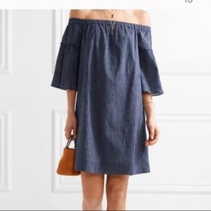 Madewell Pin-Stripe Off-Shoulder Bell Sleeve Dress